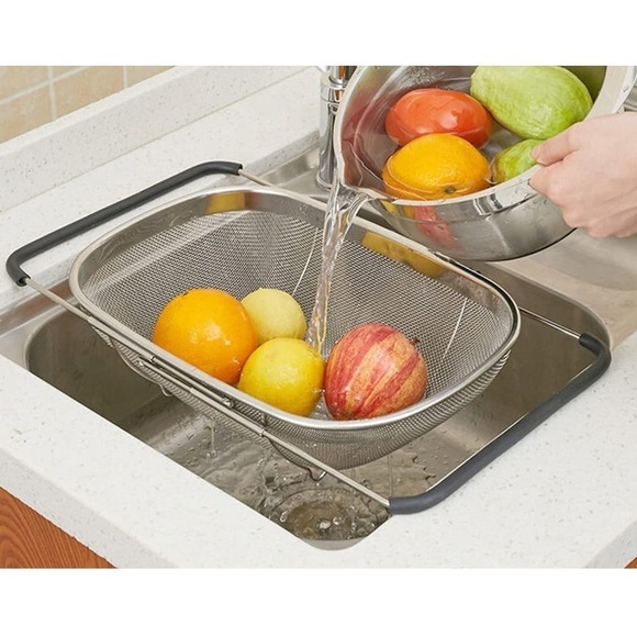 New Unused Stainless Steel Over the Sink Colander Strainer Basket - Picture 1 of 7